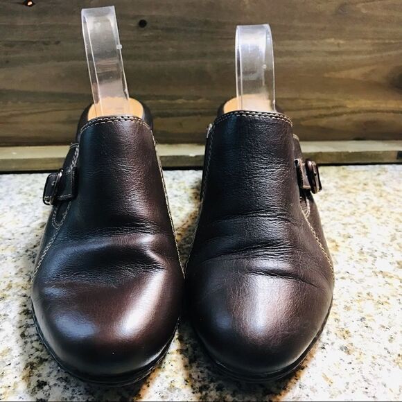 Clarks Brown Heeled Mule Loafers - Picture 2 of 8